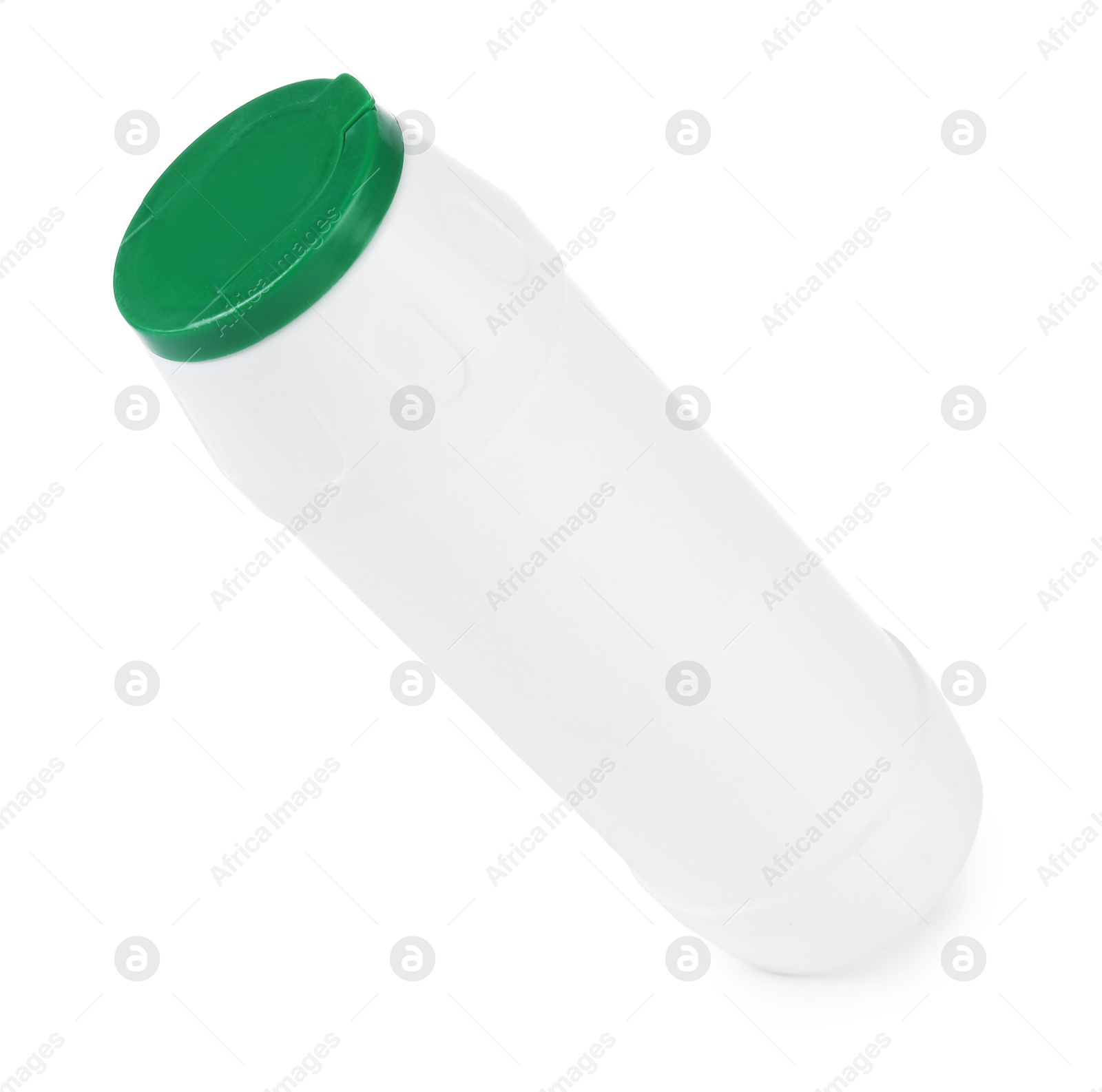 Photo of Bottle of cleaning product in air isolated on white