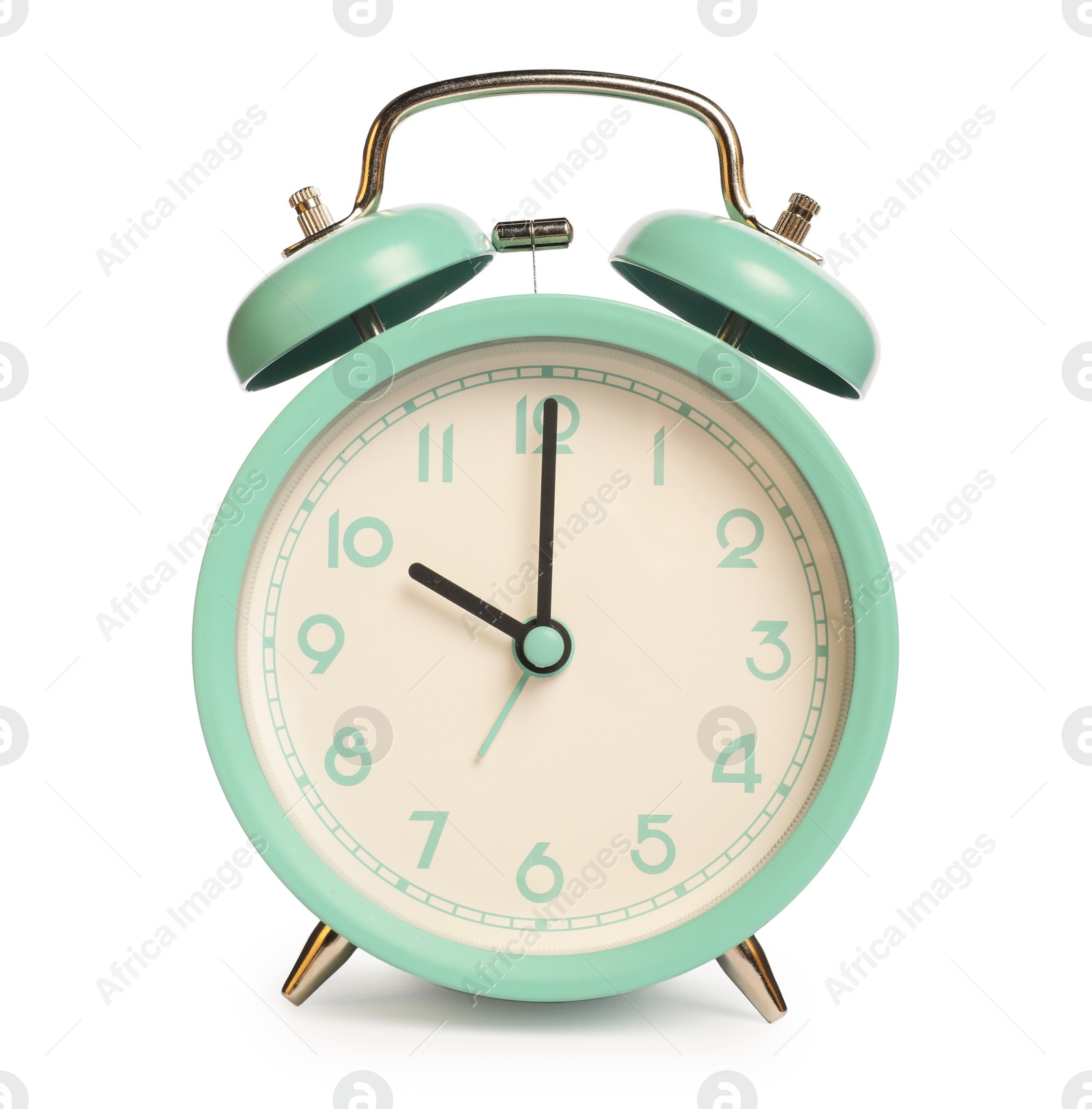 Photo of One turquoise alarm clock isolated on white