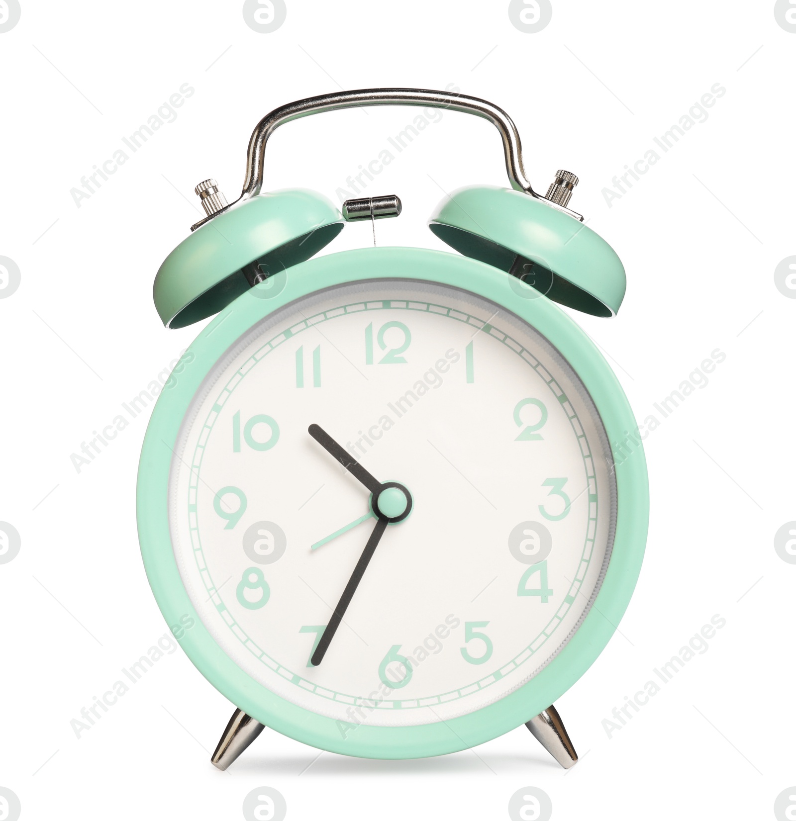 Photo of One turquoise alarm clock isolated on white