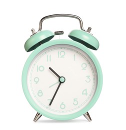 Photo of One turquoise alarm clock isolated on white