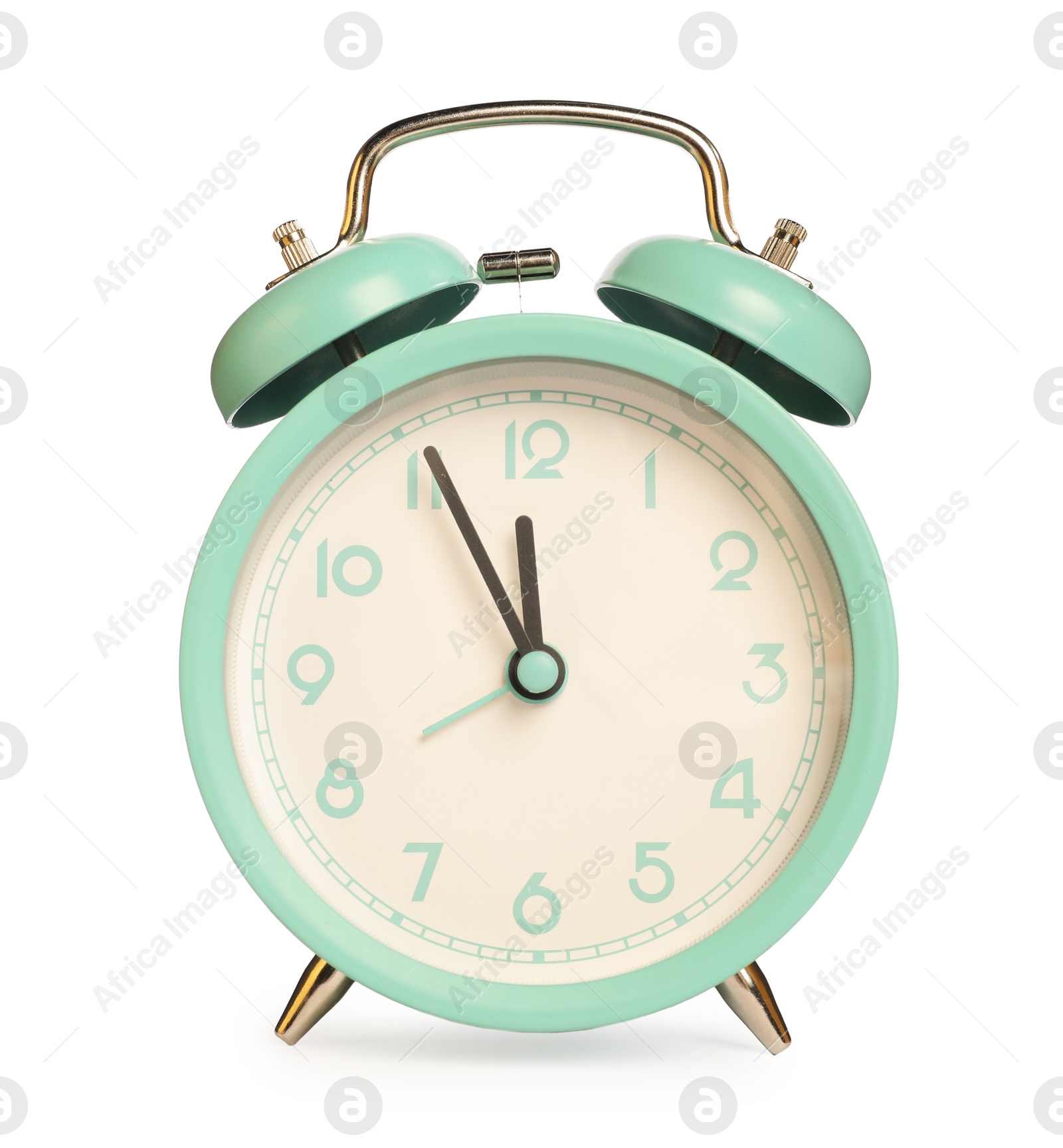 Photo of One turquoise alarm clock isolated on white