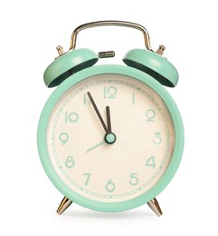 Photo of One turquoise alarm clock isolated on white