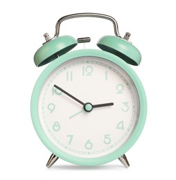 Photo of One turquoise alarm clock isolated on white