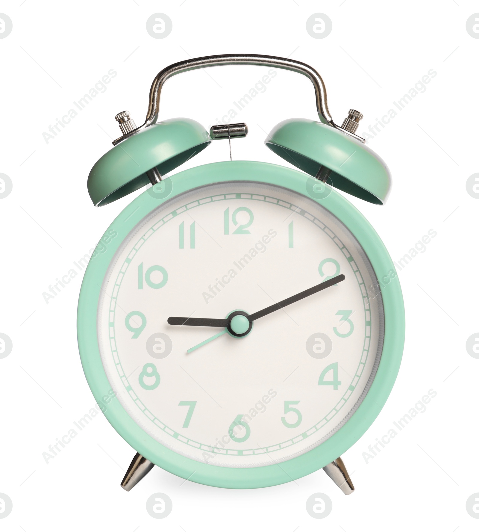 Photo of One turquoise alarm clock isolated on white