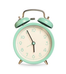 Photo of One turquoise alarm clock isolated on white