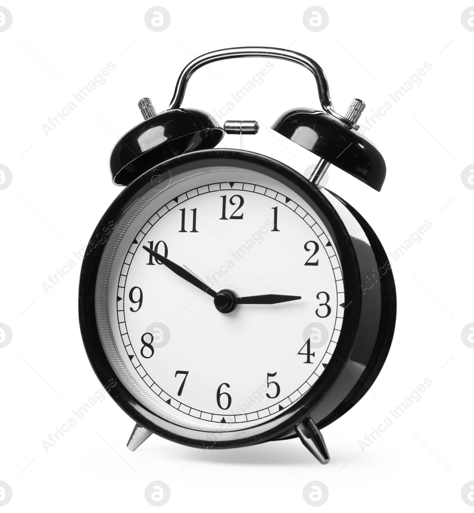 One black alarm clock isolated on white Photo of One black alarm clock isolated on white