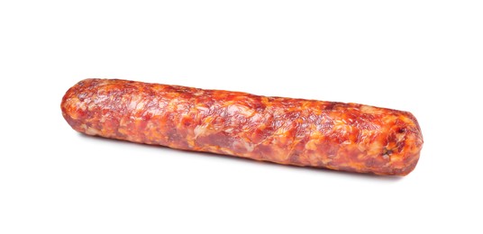 Photo of Delicious dry cured sausage isolated on white