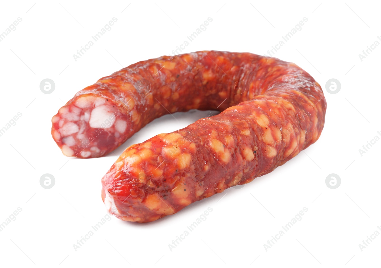 Photo of Delicious dry cured sausage isolated on white