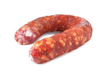 Photo of Delicious dry cured sausage isolated on white