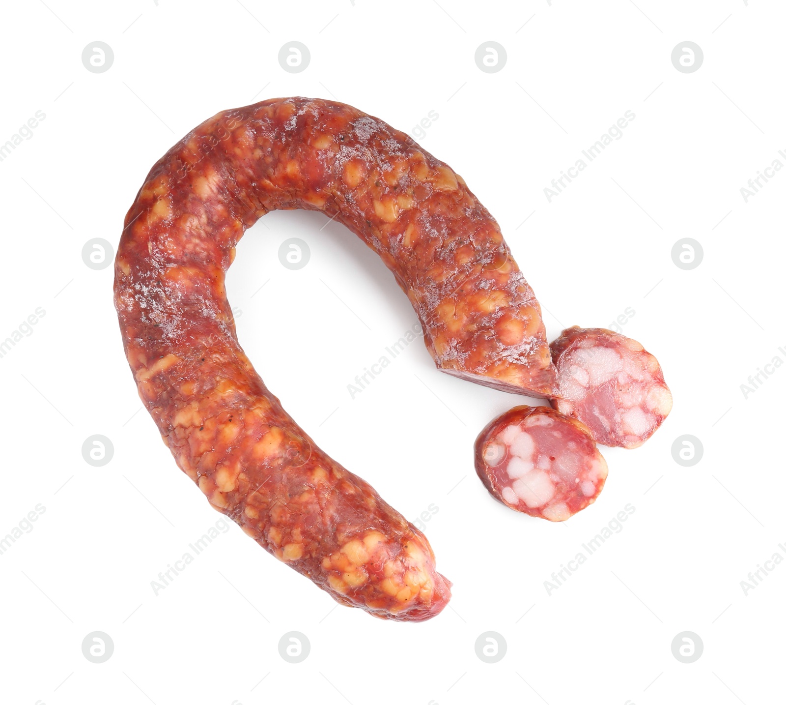 Photo of Delicious dry cured sausage isolated on white, top view