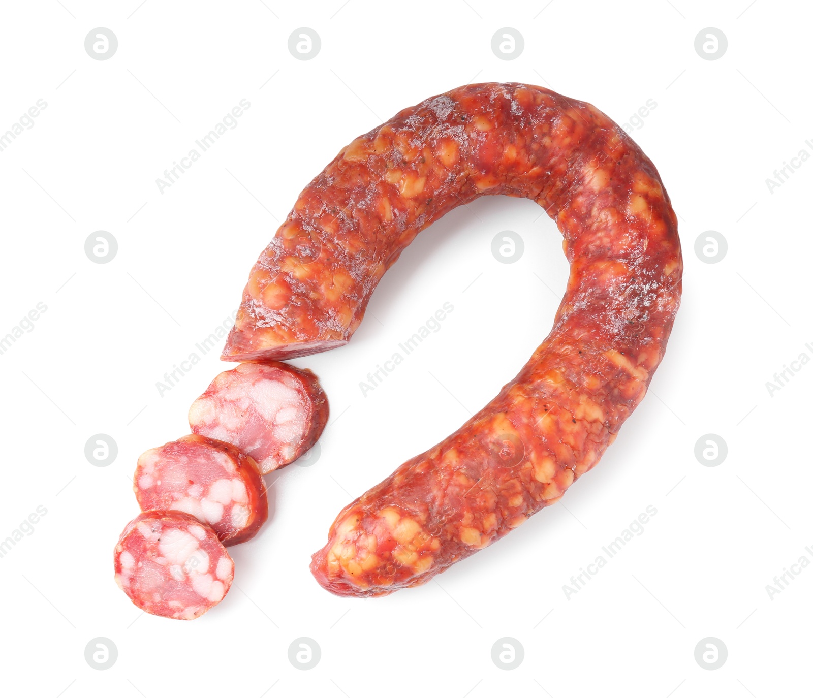 Photo of Delicious dry cured sausage isolated on white, top view