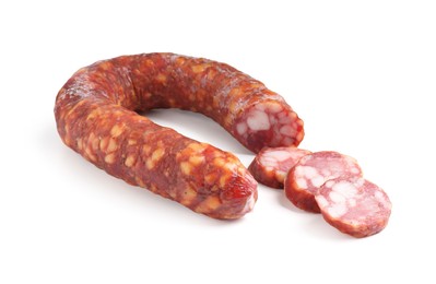 Photo of Delicious dry cured sausage isolated on white