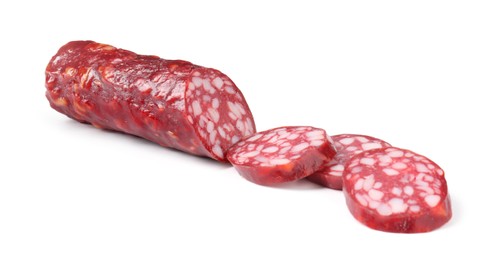 Photo of Delicious dry cured sausage isolated on white