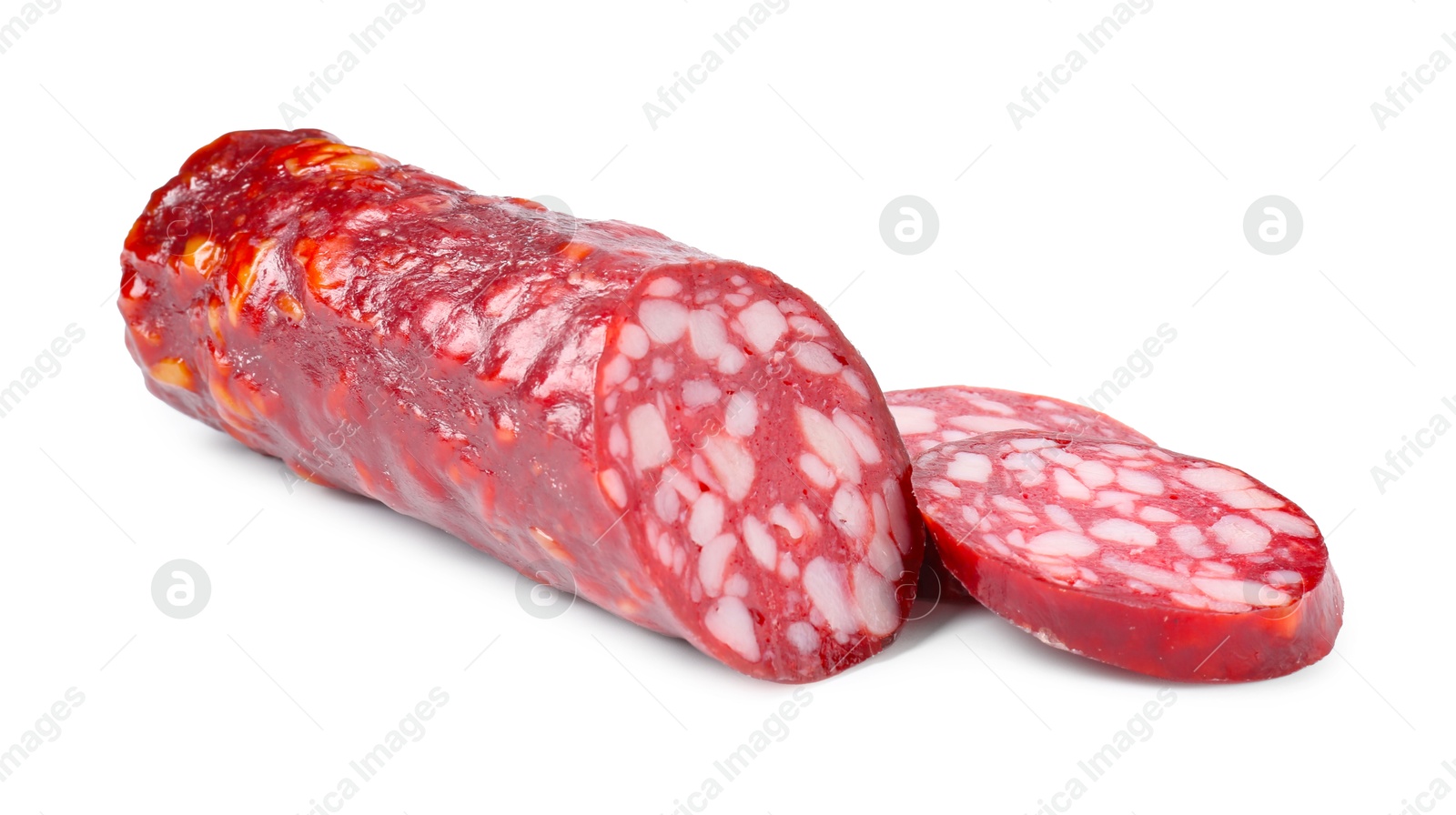 Photo of Delicious dry cured sausage isolated on white