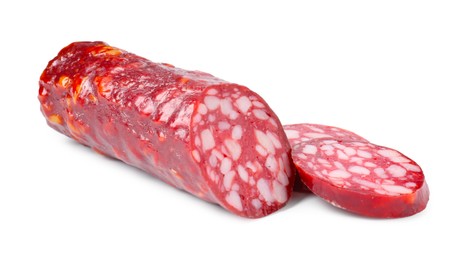 Photo of Delicious dry cured sausage isolated on white