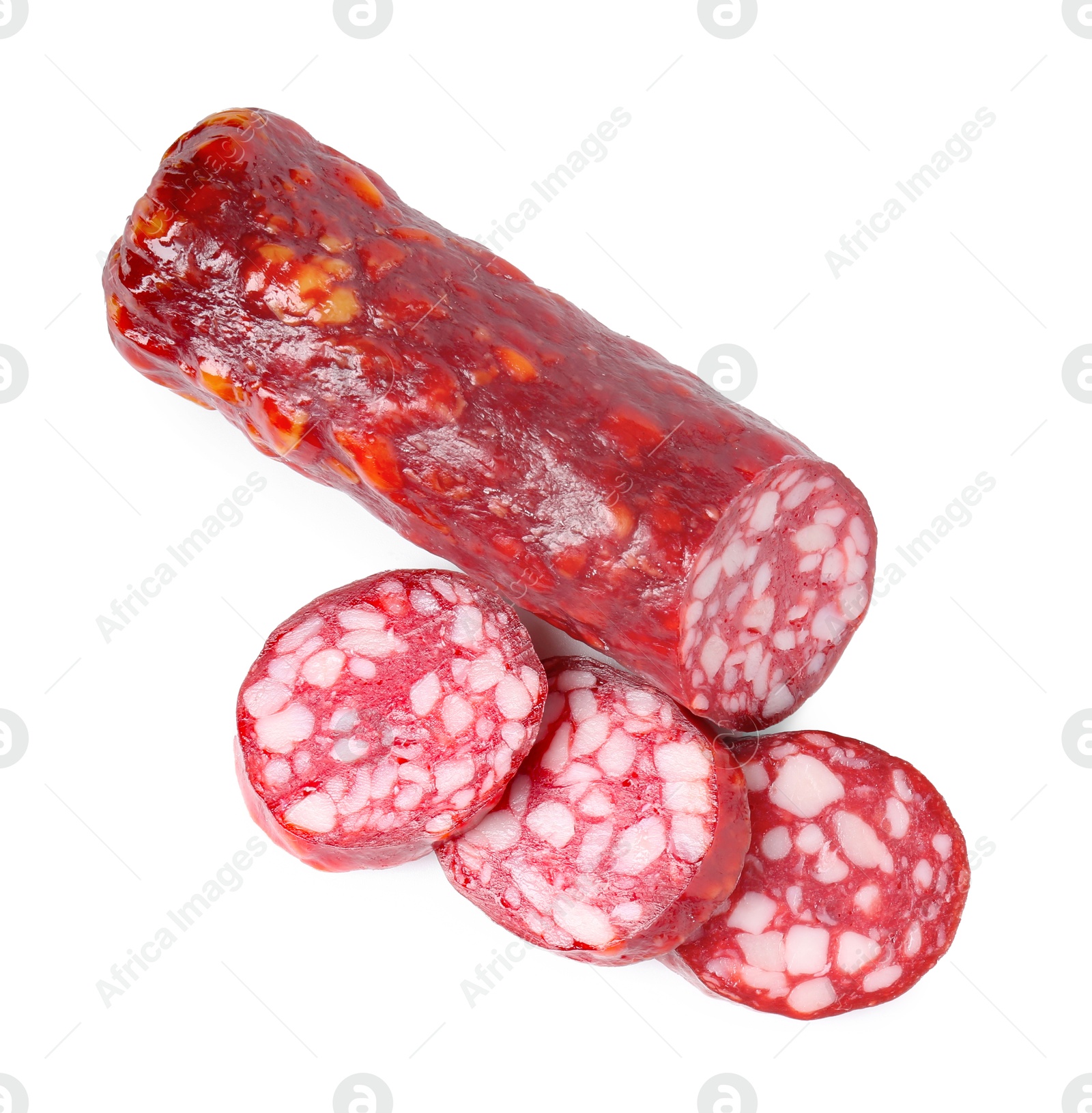 Photo of Delicious dry cured sausage isolated on white, top view