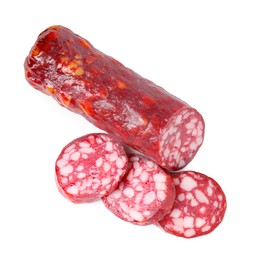 Photo of Delicious dry cured sausage isolated on white, top view