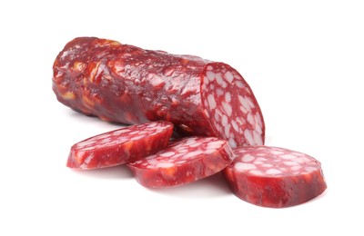 Photo of Delicious dry cured sausage isolated on white