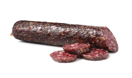 Photo of Delicious dry cured sausage isolated on white