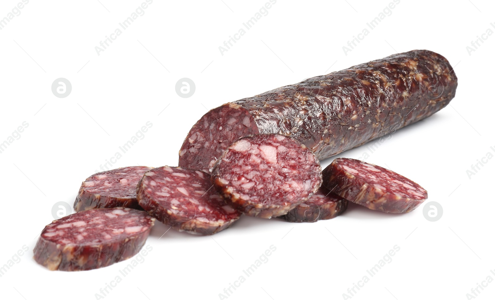 Photo of Delicious dry cured sausage isolated on white