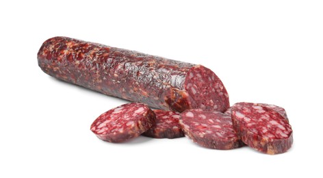 Photo of Delicious dry cured sausage isolated on white