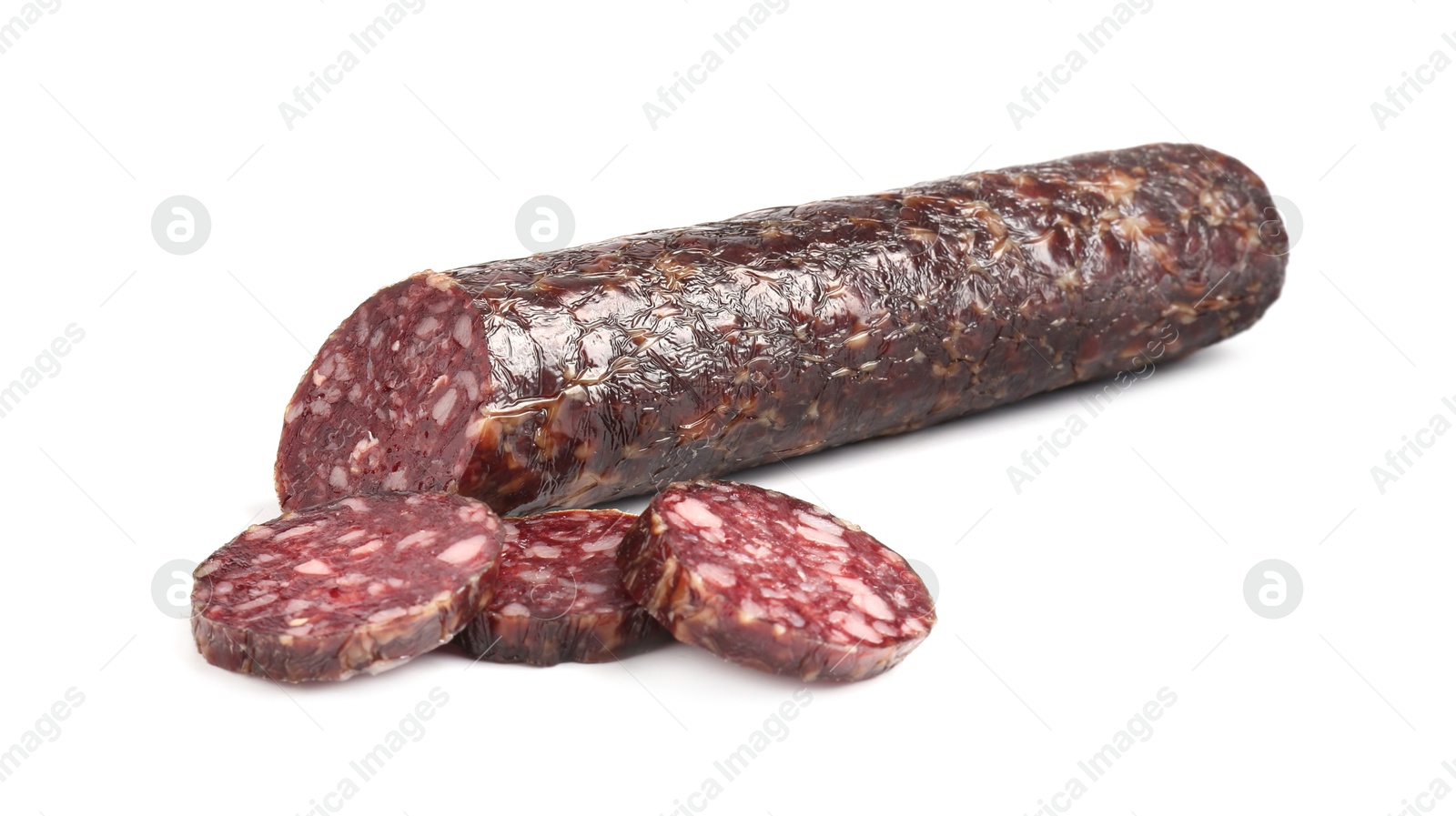 Photo of Delicious dry cured sausage isolated on white