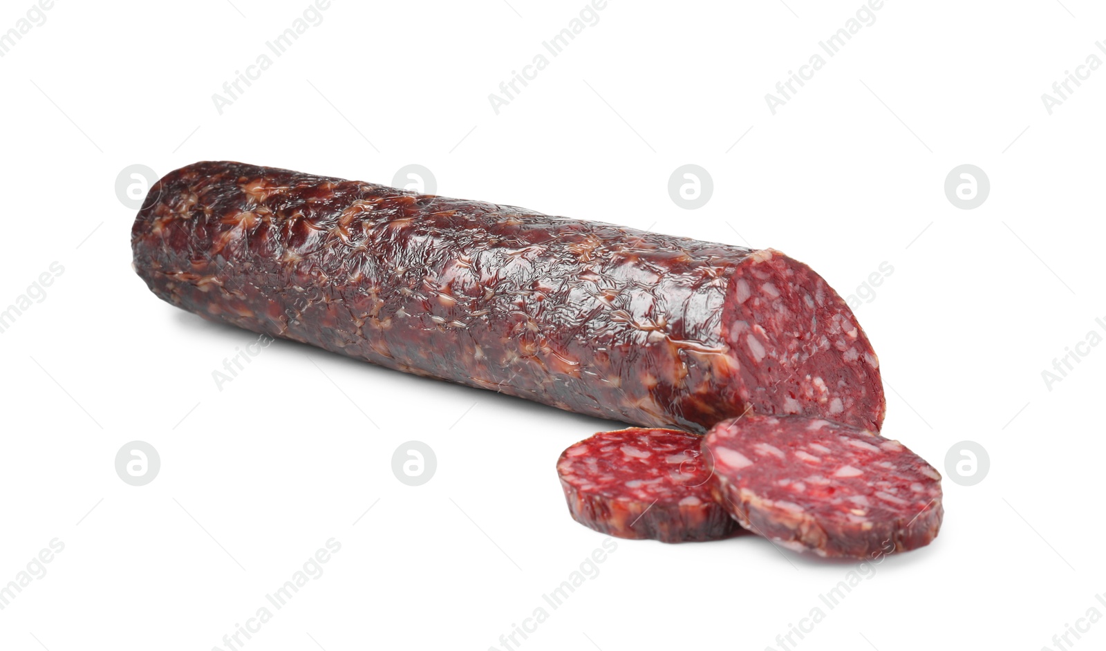 Photo of Delicious dry cured sausage isolated on white