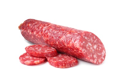 Photo of Delicious dry cured sausage isolated on white