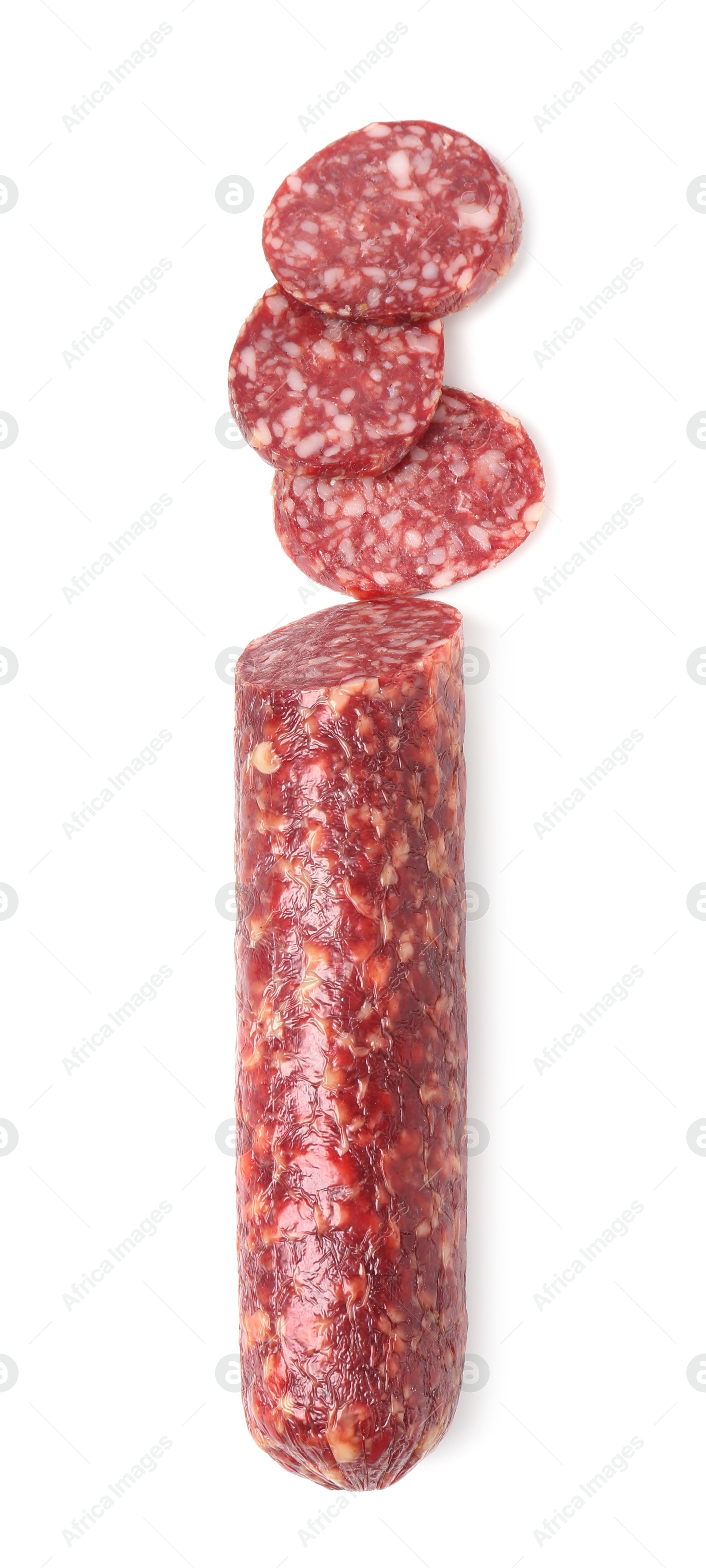 Photo of Delicious dry cured sausage isolated on white, top view