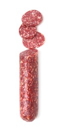 Photo of Delicious dry cured sausage isolated on white, top view