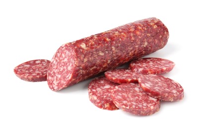 Photo of Delicious dry cured sausage isolated on white