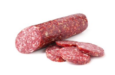 Photo of Delicious dry cured sausage isolated on white