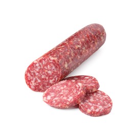 Photo of Delicious dry cured sausage isolated on white