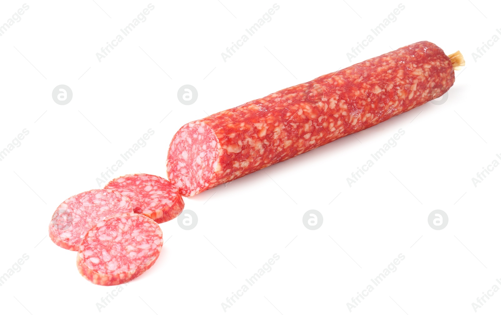 Photo of Delicious dry cured sausage isolated on white