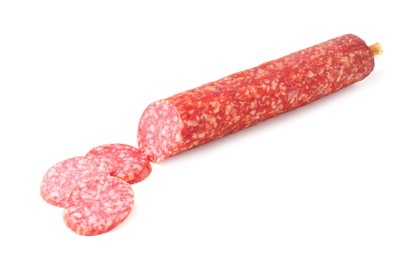 Photo of Delicious dry cured sausage isolated on white