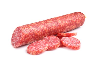 Photo of Delicious dry cured sausage isolated on white