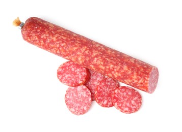 Photo of Delicious dry cured sausage isolated on white, top view