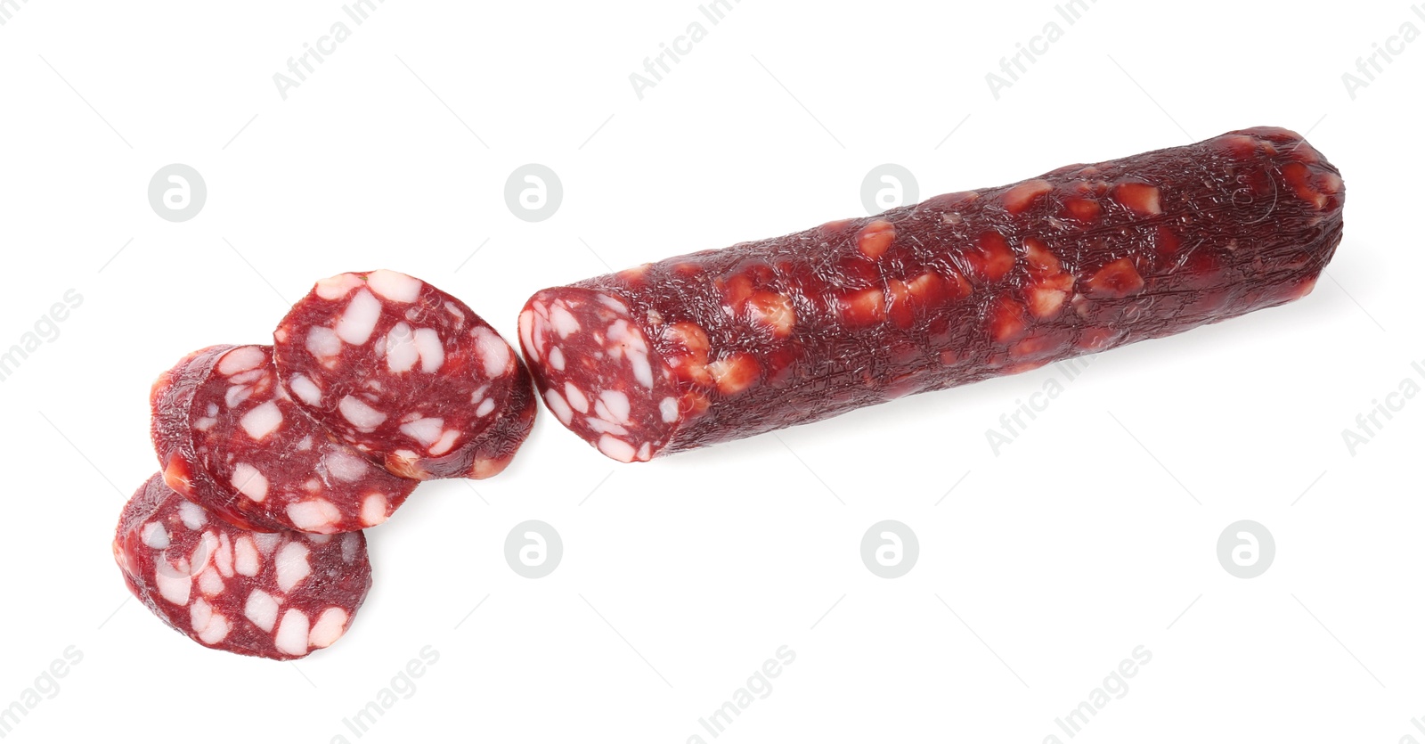 Photo of Delicious dry cured sausage isolated on white, top view