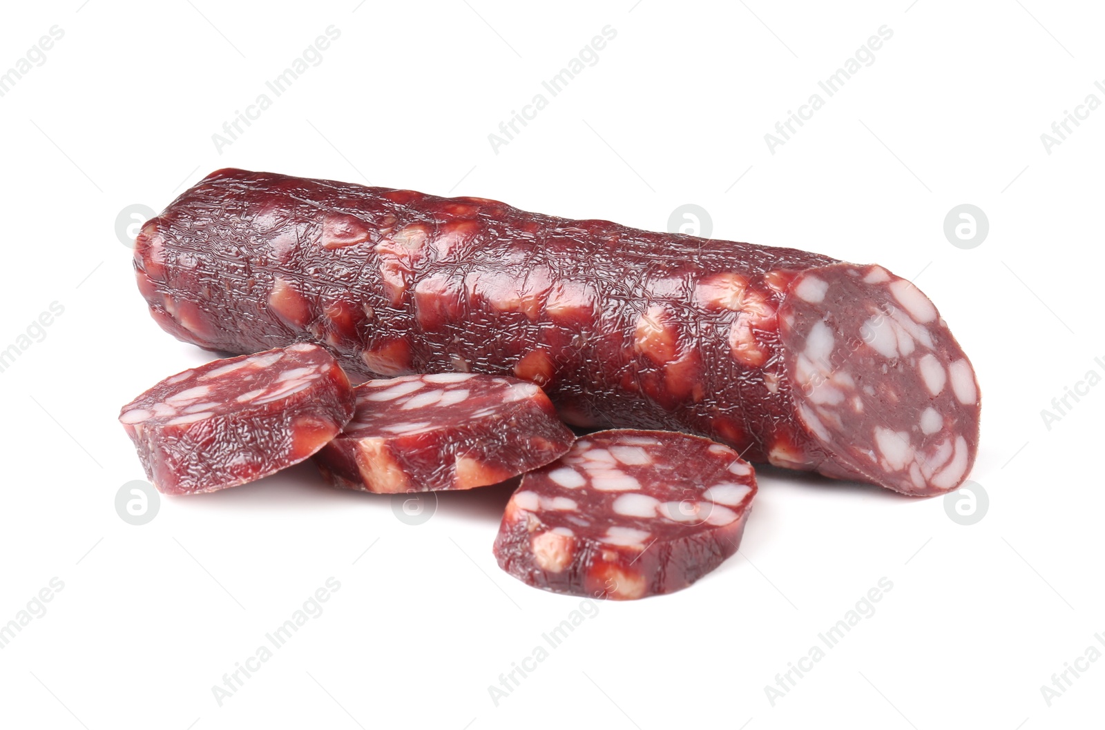 Photo of Delicious dry cured sausage isolated on white