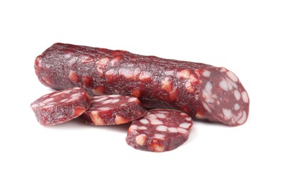 Photo of Delicious dry cured sausage isolated on white