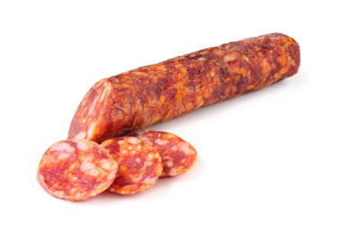 Photo of Delicious dry cured sausage isolated on white