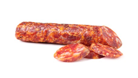 Photo of Delicious dry cured sausage isolated on white