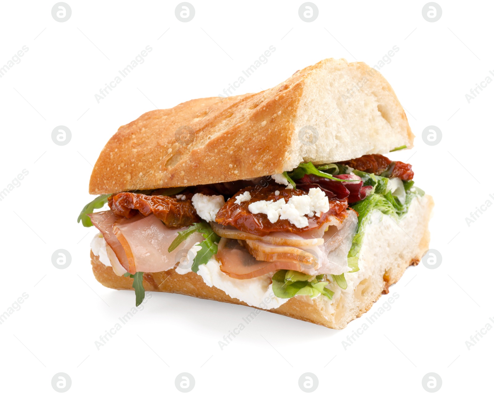 Photo of Delicious sandwich with prosciutto and sun dried tomatoes isolated on white