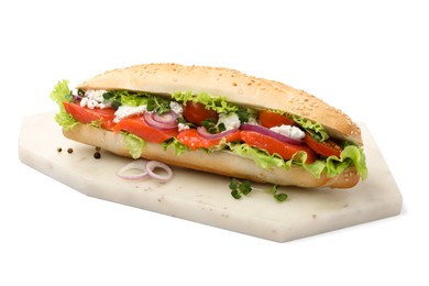 Photo of Delicious baguette sandwich with salmon isolated on white