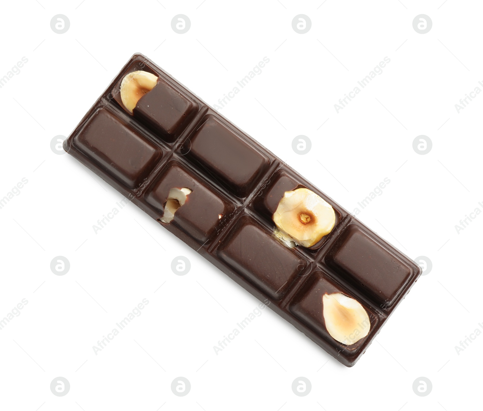 Photo of One tasty chocolate bar with nuts isolated on white, top view