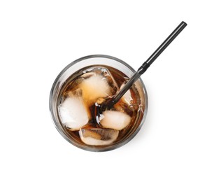 Photo of Refreshing cola with ice cubes and drinking straw in glass isolated on white, top view