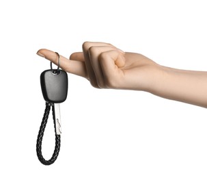 Photo of Woman with car key and keychain on white background, closeup