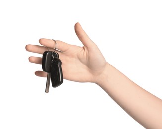 Photo of Woman with car keys on white background, closeup