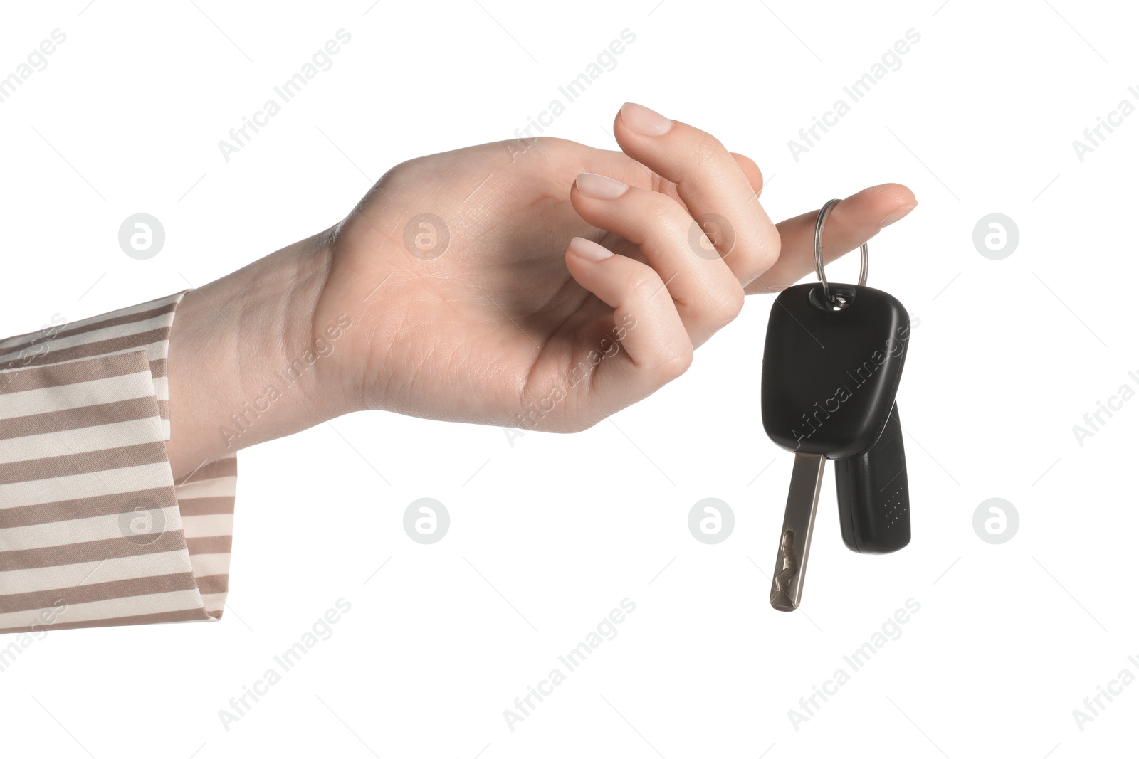 Photo of Woman with car keys on white background, closeup