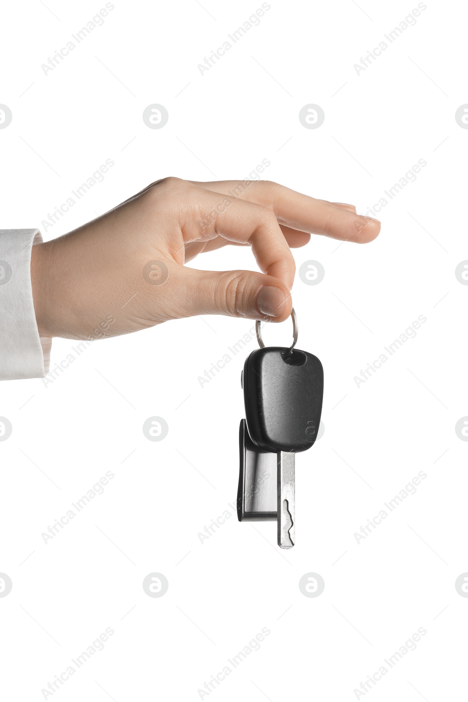 Photo of Woman with car key and keychain on white background, closeup